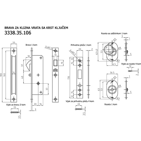 Bane Brava za klizna vrata sa krst kljucem 3338.35.106 - Slika 2