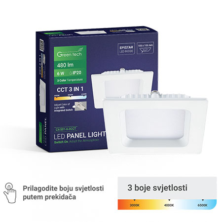 Led panel 6W 3CCT Ugradni Kvadratni Green Tech