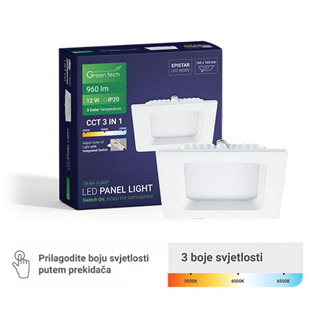 Led panel 12W 3CCT Ugradni Kvadratni Green Tech